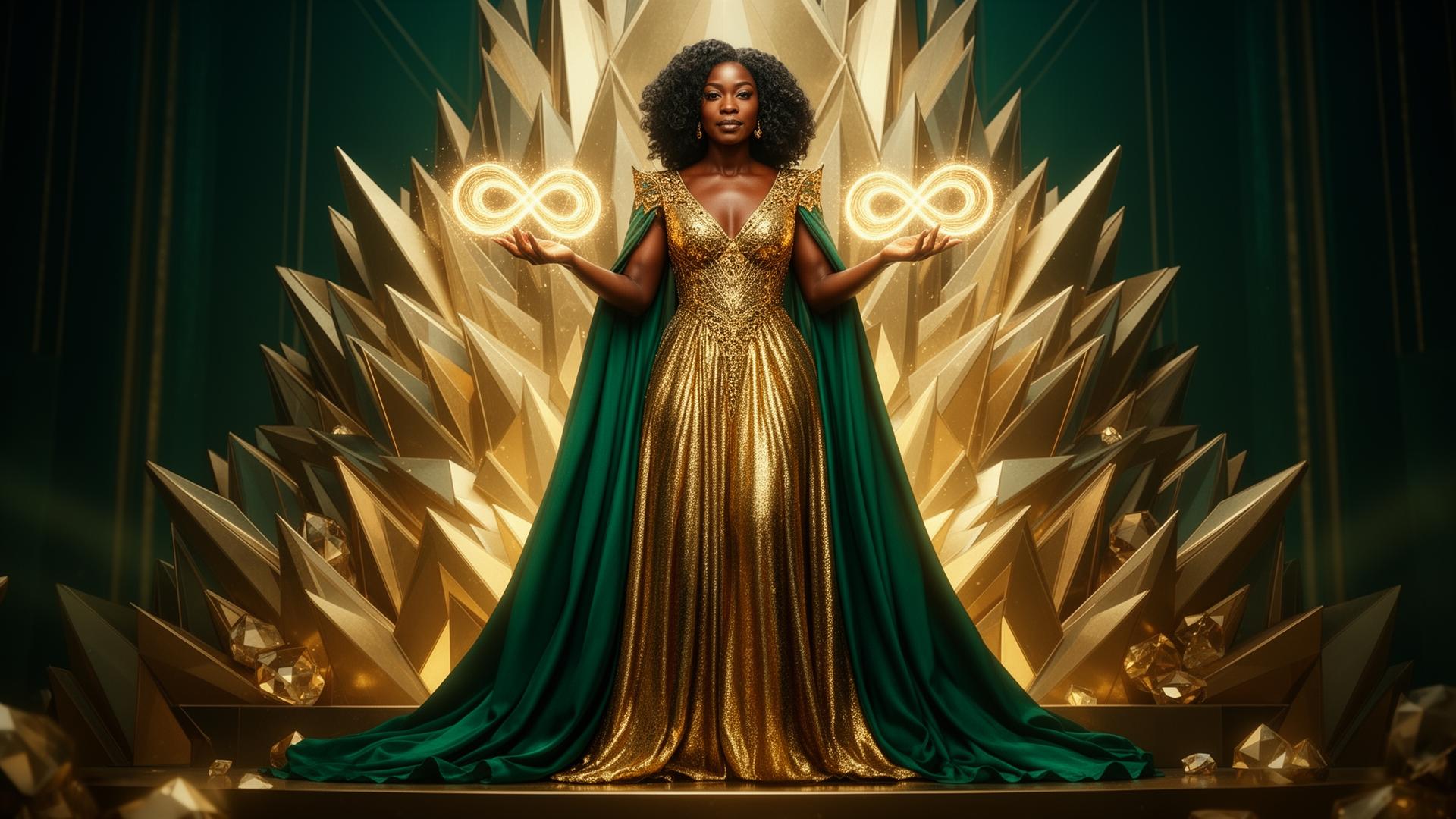 A woman in a golden gown holding glowing infinity symbols in each hand