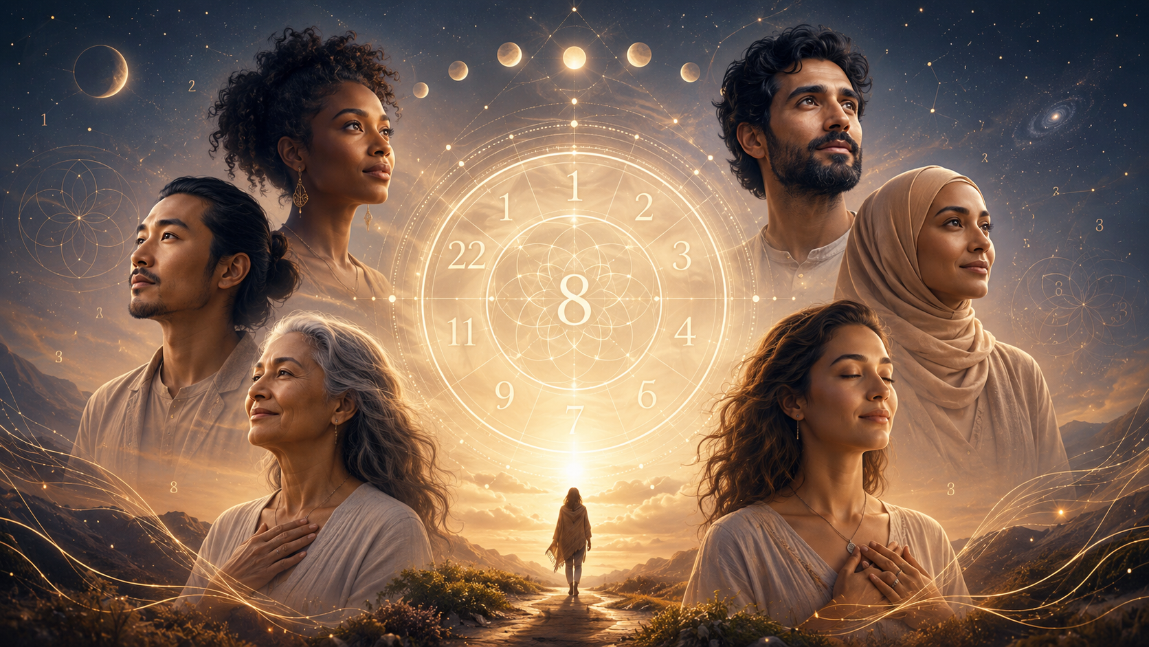 Diverse people gathered beneath a glowing numerology mandala, golden light streaming across a cosmic sky