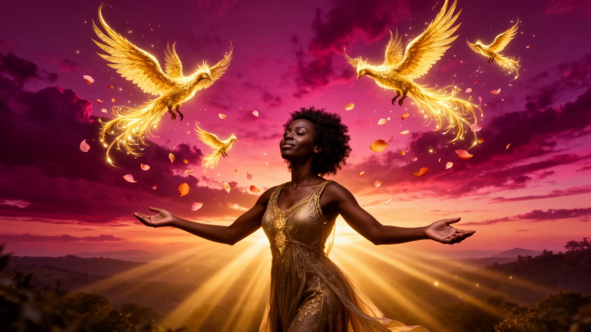 A woman with arms open beneath golden phoenixes rising in a magenta sunset sky