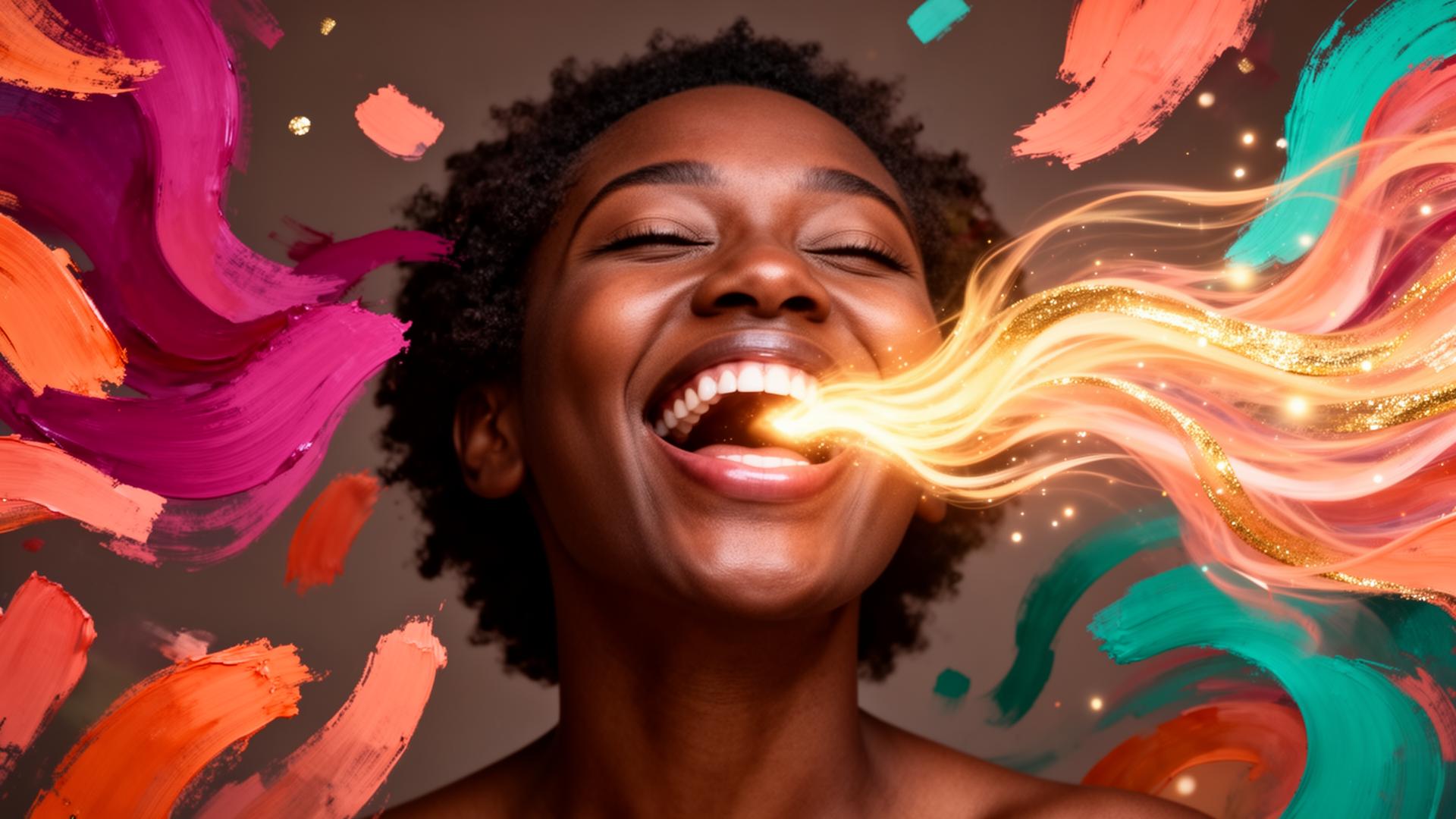 A joyful woman with golden light and vibrant color streaming from her voice